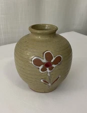 Beige/Brown Earth Tone Small Pottery Vase With Reddish-Brown Flower 5” Tall
