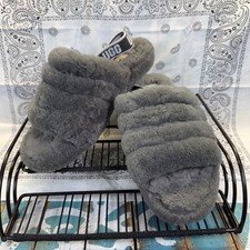 UGG Fluff Yeah Slide Grey Fur Logo Strap Kids Slippers 1098494K Youth6/Womans7.5
