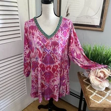 Soft Surroundings Tunic Womens 1X Pink Beaded Relaxed Fit Bohemian Resort Wear