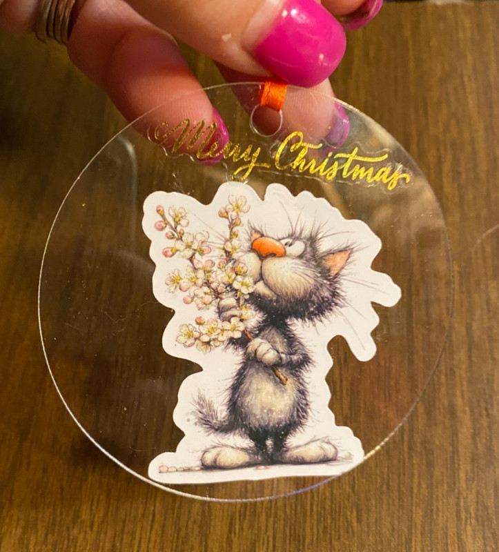 Acrylic Cat Kitty Holding Flowers MERRY Christmas Ornament 3"