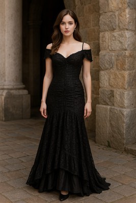 Vtg ROBERTA Lace Off-Shoulder Whimsigoth Dress Formal Cocktail Black Dress XS/S