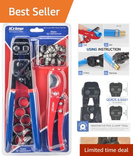 Professional PEX Crimping Tool Kit: 20x 1/2" & 10x 3/4" Clamps for Efficiency