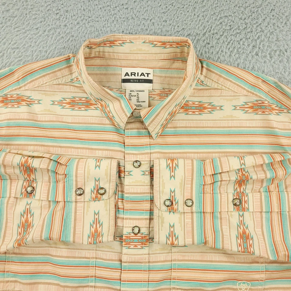 Ariat Shirt Mens XL Tan Aztec Stripe Western Pearl Snap Retro Fit Long Sleeve - Image 2 of 4