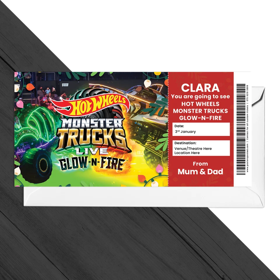 THE FINE PAPERHOUSE Hot Wheels Monster Truck Glow N Fire Personalised Ticket Gift Christmas present