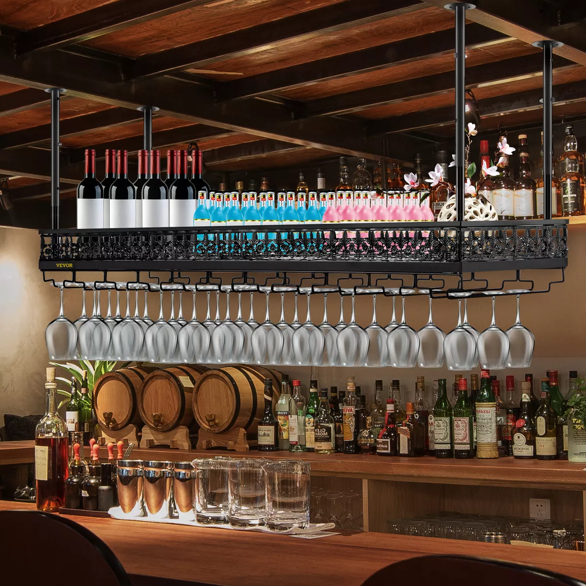 VEVOR Ceiling Mounted Bar Wine Rack Wine Glass Hanging Rack 46.9x13in Black
