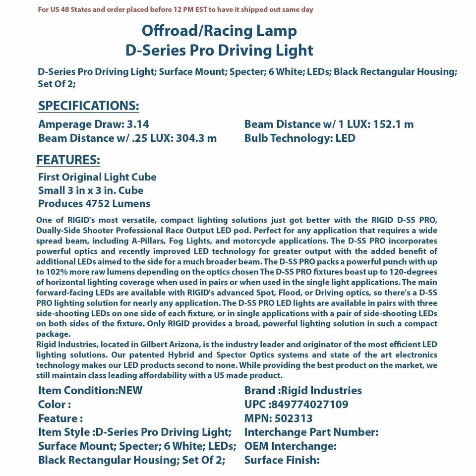 Luz de conducción profesional Rigid Industries 502313 serie D Foto 4 de 4
