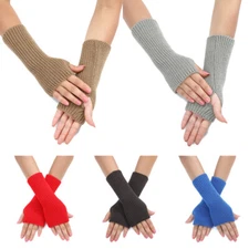 Women Winter Long Half Finger Fingerless Gloves Arm Hand Warmer Knitted Mittens