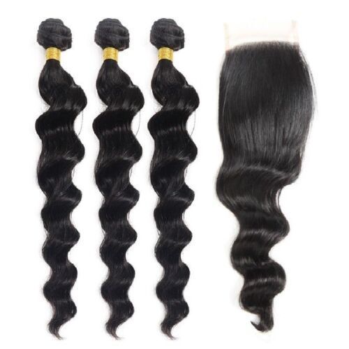 Indian Virgin Hair Loose Wave 3 Bundles 16"18"20" With 16" 4 by 4 Lace Closure - Afbeelding 1 van 4