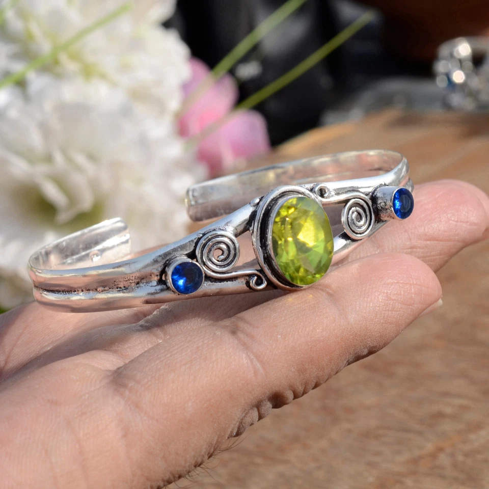 Faceted Peridot & Tanzanite Gemstone 925 Sterling Silver Festival Day Bangle - Image 4 of 4