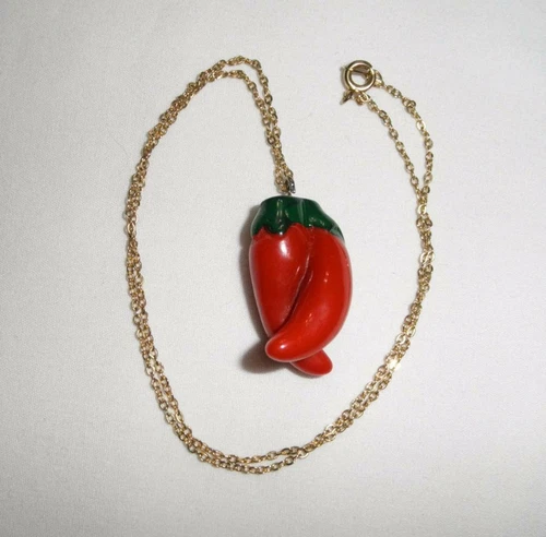Gold Tone & Red Chili Pepper Pendant Necklace - 18"