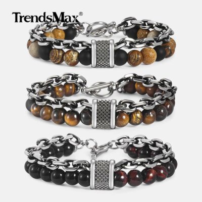 Double Jasper Tiger's eye Healing Stone Beads Bracelet Stainless Steel Chain 