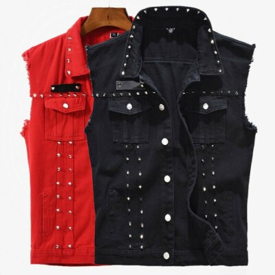 Mens Studded Denim Gilet Sleeveless Biker Jacket Shirt Waistcoat Jeans Punk Cool