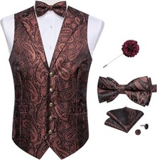DiBanGu 5PCS Men's Suit Vest and Bow Tie BROWN PAISLEY Set XL