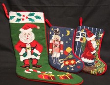  3 Needlepoint Christmas Stockings Santa Soldier Velvet like backs, no tags