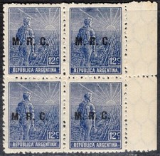 ARGENTINA 1913 OFFICIAL STAMP Sc. # OD 322a MNH SURCHARGED "M.R.C." PERF 13 1/2