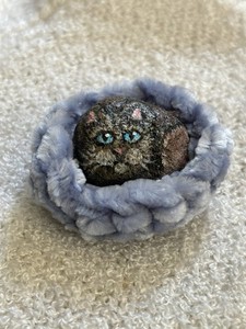 Hand Painted Pocket Pet Kitty Cat On A Tiny Rock With A Crocheted Soft Bed Incl.