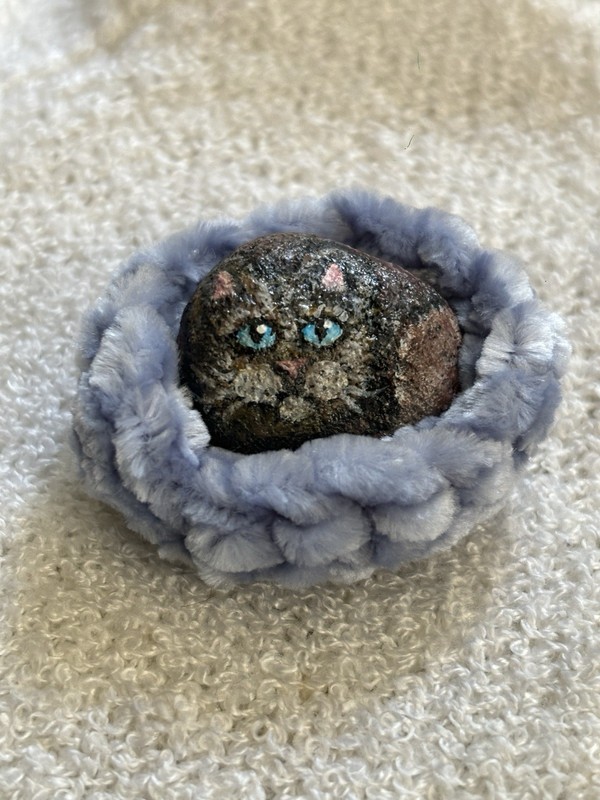 Hand Painted Pocket Pet Kitty Cat On A Tiny Rock With A Crocheted Soft Bed Incl.
