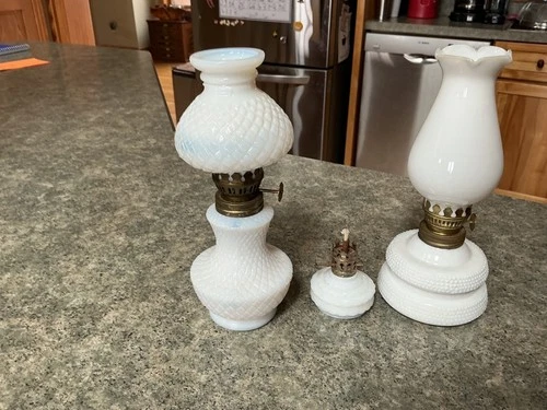 VTG PATIO LAMP Miniature White Hobnail Milk Glass + 2 Other milk glass lamps