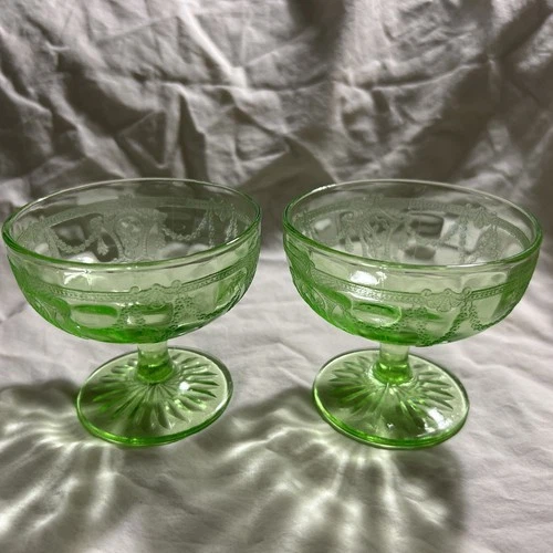 2 Cameo Green Ballerina, 3 1/4" Sherbert Dish, Anchor Hocking Depression Glass