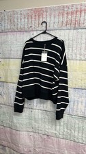 Thread  Supply Women's Striped Pullover Crewneck Sweater Black White 2x