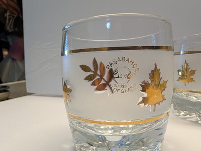 Set Of 6 Old Fashioned Pasabahce Circle Turkey Art of Glass Gold Rim/Leaves