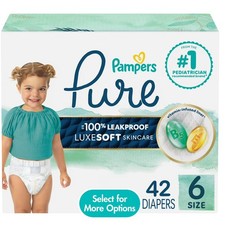 Pampers Pure Baby Diapers, Size 6 35 lbs 42 Ct, up to 100 Leakproof, White