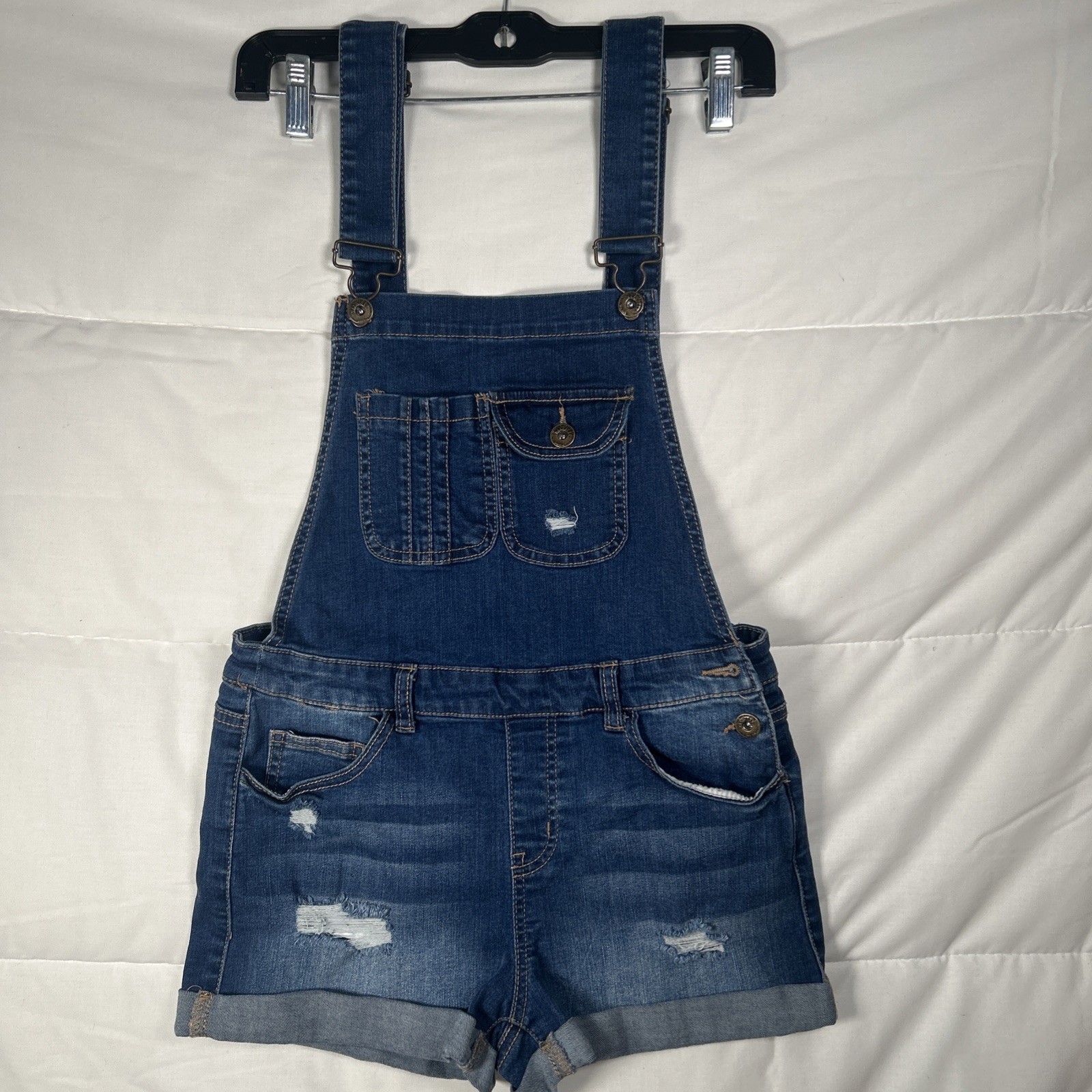 Wax Jean Overall Shorts Women S Blue Denim Dark Wash Distressed Adjustable Strap