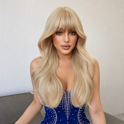 Soft Synthetic Hair Ash Blond Long Wavy Dress Up Wigs With Fringe Halloween