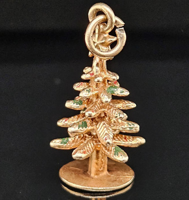 14K Gold ENAMELED CHRISTMAS TREE Charm Pendant Star Holiday 3D Vintage Pine