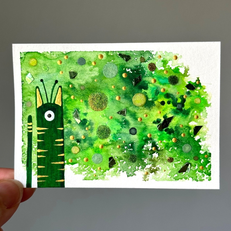 ACEO Original Mixed Media Monochromatic Green Galaxy Alien Cat Anomelina