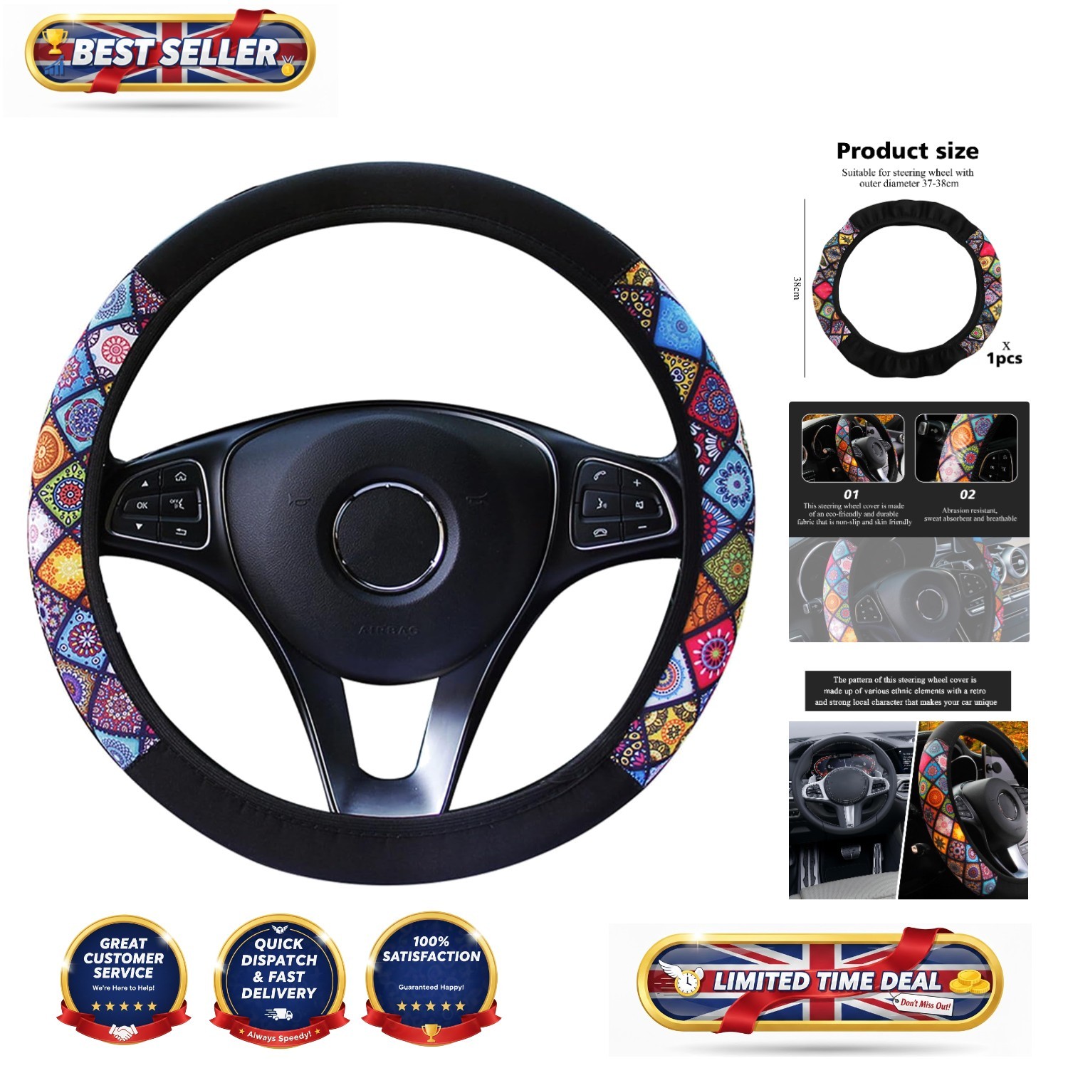 Breathable Non-Slip Microfiber Steering Wheel Cover - Universal Fit 37-38 cm