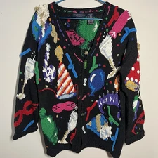 VTG 94 Eagles Eye Holiday Party Cardign Button Up New Years Sweater Womens Med