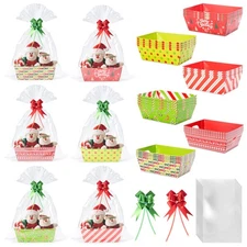 Christmas Basket Gifts Empty with Cellophane Basket Bags and Ribbons Bows, 6 ...