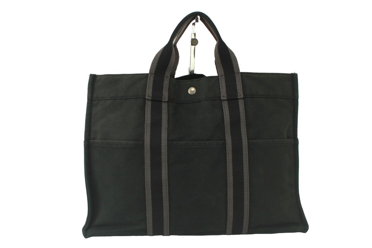 HERMES Paris Fourre Tout Black Coton Canvas Tote Hand Bag Purse