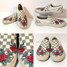 Checkered Vans DX Leather Sage Roses, Embroidered Rose Slip On Sneaker, Sz 6.5