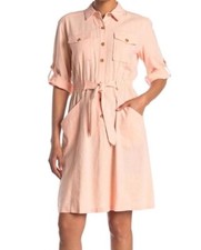 Calvin Klein Linen Blend Dress Size 6 Peach Color Tie Waist Oversized Pockets