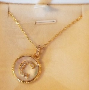 Authentic Yukadi Gold Plated Disc Raised Letter Mother of Pearl Background Necklace C