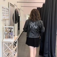 Black Vegan Leather Trending Bridal Jacket With Cursive White Lettering And Zip