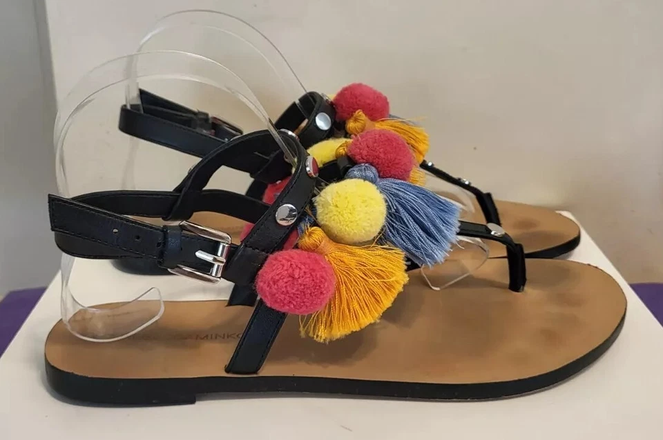 Rebecca Minkoff "Estelle" Black Leather w/PomPom Tassels Thong Sandals Sz 9 $295 - Image 3 of 4