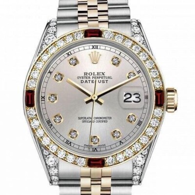 16013 Rolex Datejust 36 mm Ruby & Diamond Bezel Silver Diamond Dial Two Tone