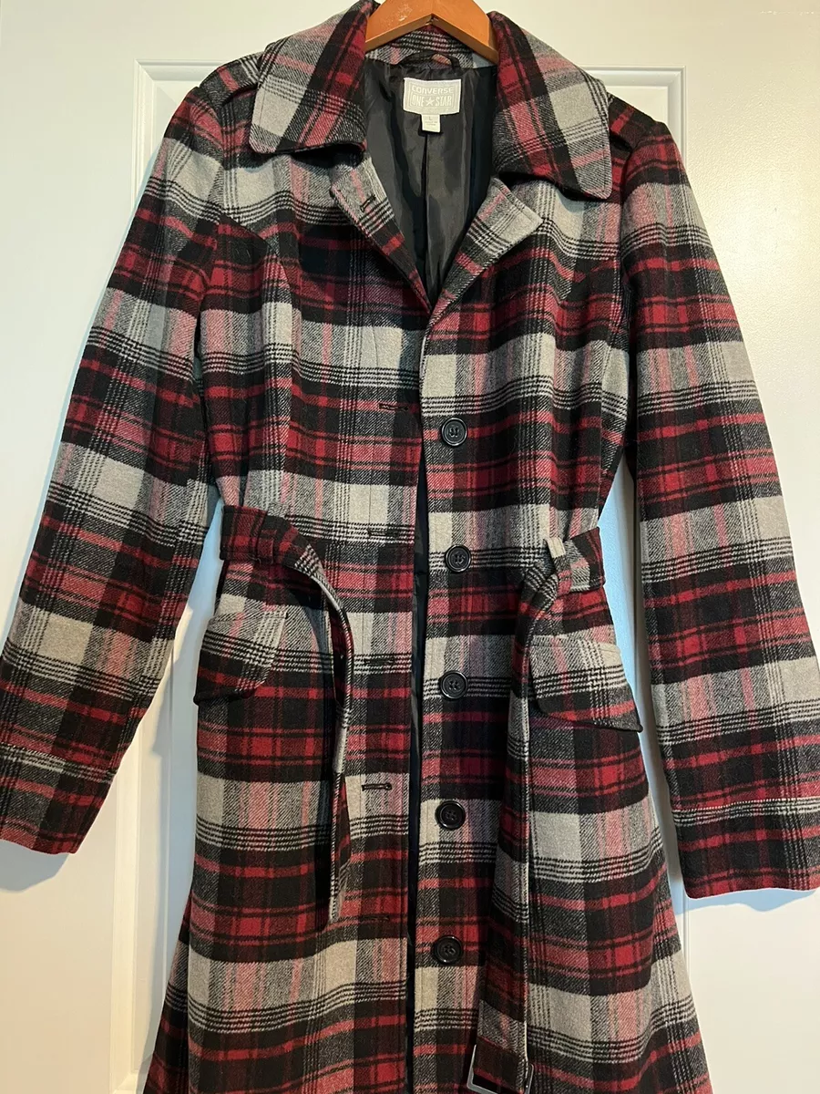 CONVERSE WOMEN PEA TRENCH COAT FLANNEL TWEED BELT BUTTON POCKET