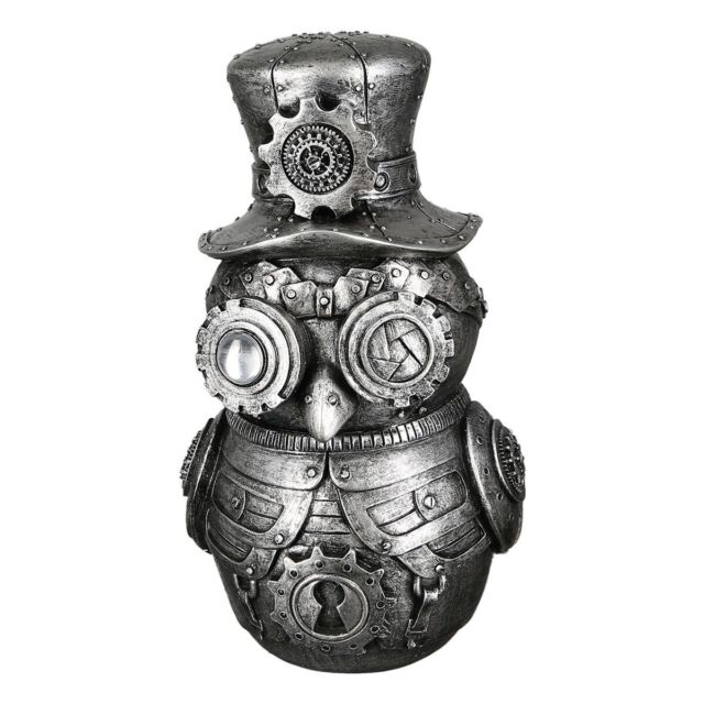 Owl bird statue or "Steampunk" owl silver resin. Height 21 centimeters