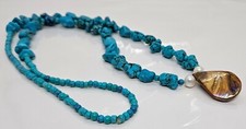 Vintage Blue Turquoise Beaded Necklace Real Pearl Shell Pendant Design 32"