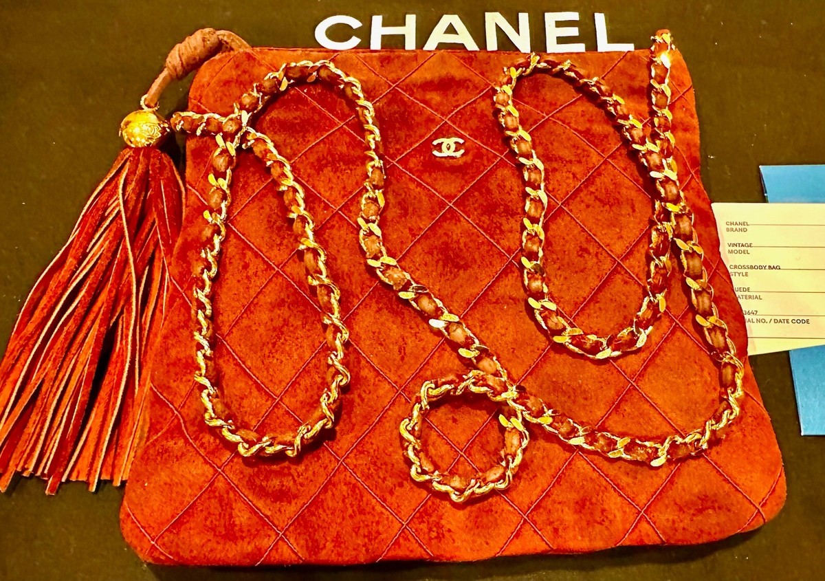 Chanel 1996 Vintage Red Brown Leather Bag 24K Gold Logo Chain 90s