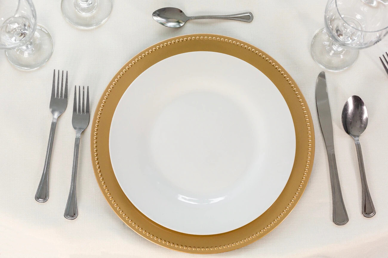 Antique Gold Plastic Charger Plates with Beaded Rims, 13 In. Pack of 6