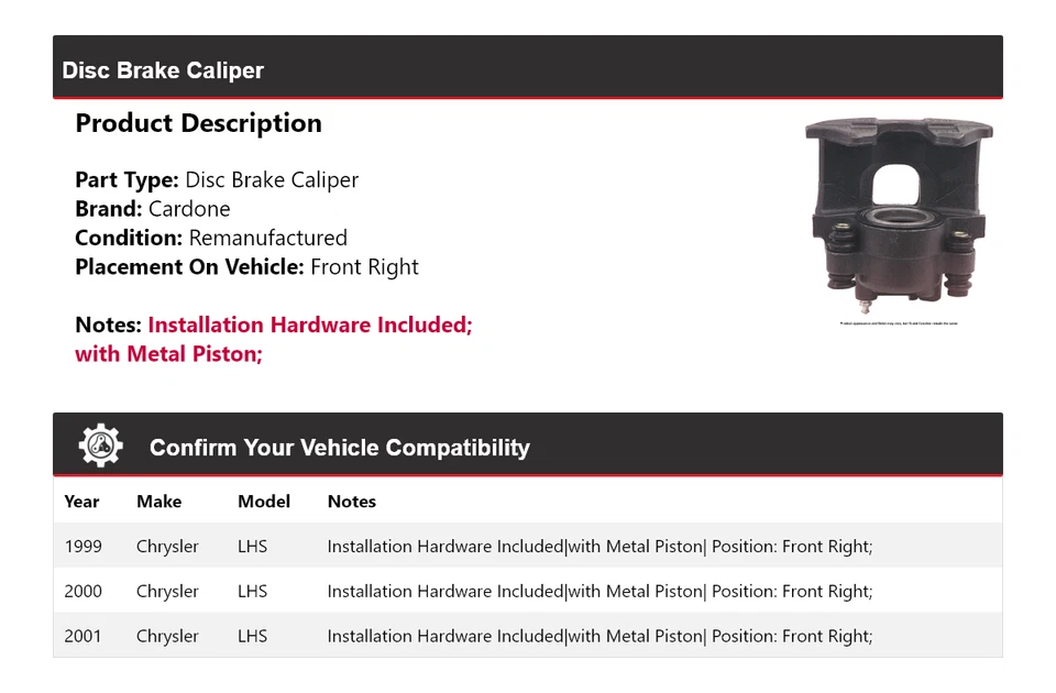 Pinza de freno de disco delantera derecha Cardone 2000 para Chrysler LHS 1999-2001 Foto 2 de 4