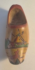 Vtg Small Wooden Dutch Shoe Souvenir w/Painted Windmill - 4" x 1 1/2"