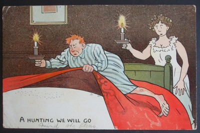 1907 NATIONALE SERIE Comic KERZE LICHT BETTWANZE FLOH JAGD FLÖHE Humor