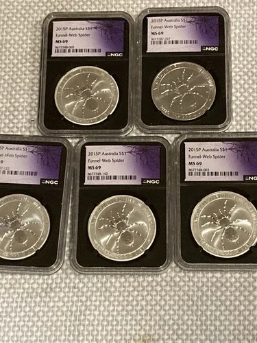 5-2015-P MS69 $1 1oz .999 AUSTRALIA *FUNNEL-WEB SPIDER* NGC WEB LABEL 5 Oz