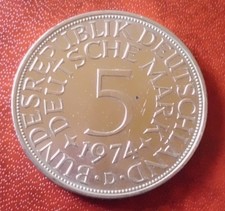 BRD 5 DM Silbermünze  1974 D  Heiermann